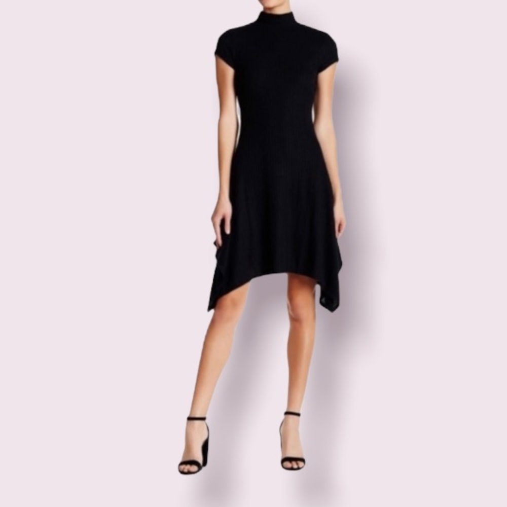 BeBop Cap Sleeve Rib Knit Dress with Asymmetrical Hem in Black